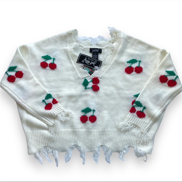 NWT Just Polly juniors Frayed V-neck Cherry Pullover Oversize Sweater Size Small - Picture 9 of 11